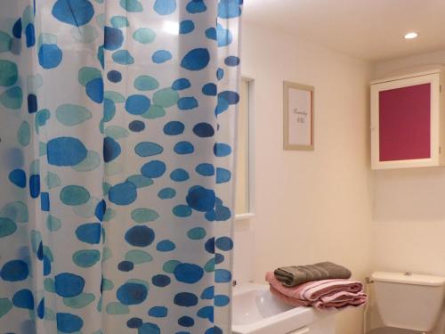 a bathroom with a blue and white shower curtain at Studio d'Hôtes les Libellules in Castelnau-le-Lez