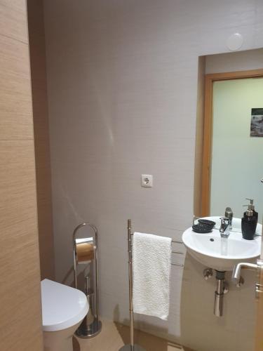 Un baño con un inodoro blanco y un lavabo. en Aptº T2 Duplex - S. Pedro III, en Ponta Delgada
