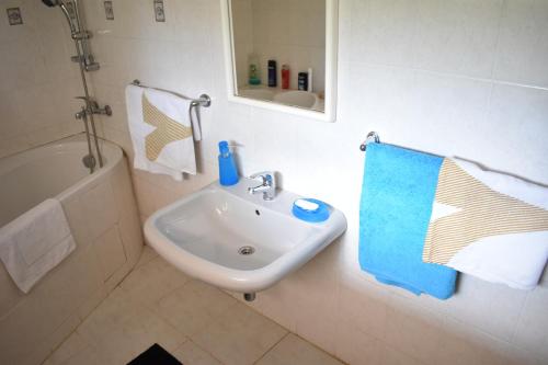 een witte badkamer met een wastafel en een bad bij Guest House Hartenberg in Sokolov