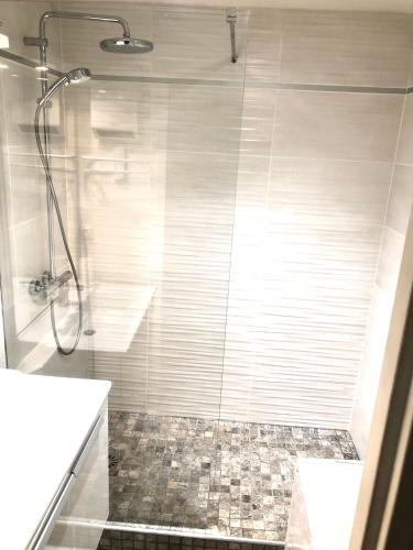a bathroom with a shower and a sink at 3 plan des boucaniers in Cap d'Agde