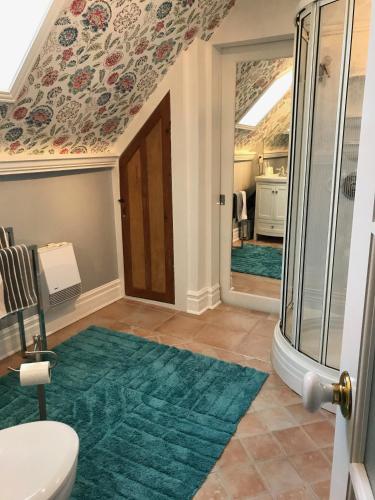 a bathroom with a door and a green rug at La Belle aux Berges in Saint-Denis-sur-Richelieu