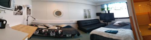 ein kleines Zimmer mit einem Bett und einer Couch in der Unterkunft Tervolahovi Lappland in Tervola