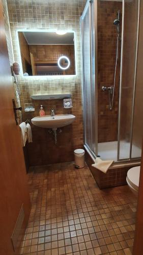 uma casa de banho com um lavatório, um chuveiro e um WC. em Hotel-Gasthof Krone-Lax em Scheinfeld