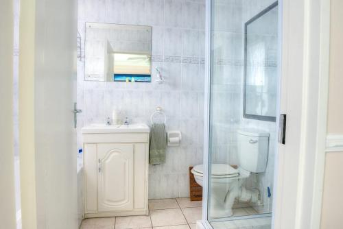 La salle de bains est pourvue de toilettes, d'un lavabo et d'une douche. dans l'établissement 7 Londiani, à Margate