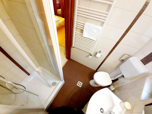 a small bathroom with a toilet and a shower at GrandVille Apartments in Bucharest