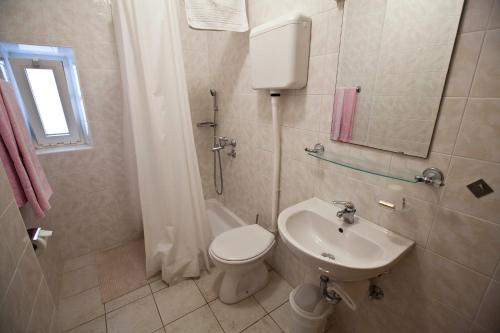 y baño con aseo, lavabo y ducha. en Accommodation Family Magazin, en Žuljana