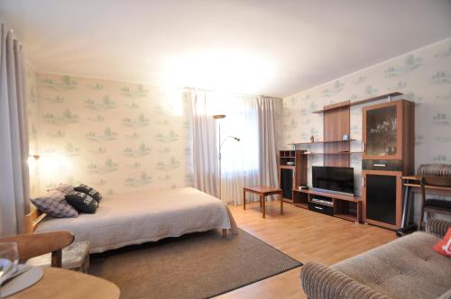 a living room with a bed and a television at Grafovi Apartments in Narva