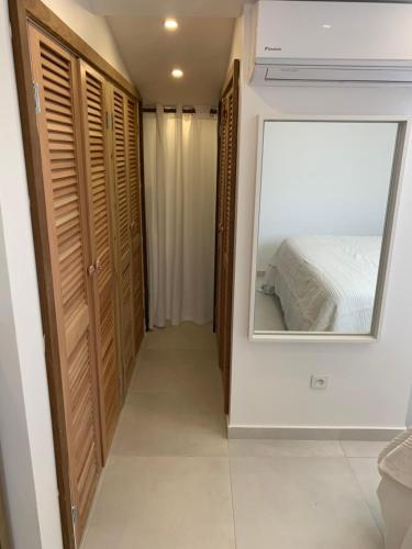 a bedroom with a mirror and a bed at Coco Beach in Baie Nettle
