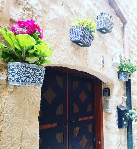 a door in a stone building with flower pots at La Torretta di Gigi - soggiorno in torre medievale in Bisceglie