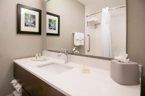 a bathroom with a sink and a large mirror at Holiday Inn - New Orleans Airport North by IHG in Kenner