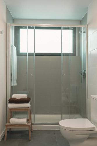 a bathroom with a shower and a toilet at 9 Furnas Villa in Furnas