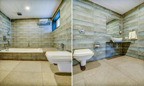two pictures of a bathroom with a toilet and a tub at Treebo JP Cottage in Mahabaleshwar