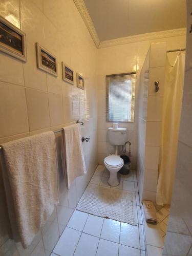 a bathroom with a toilet and a shower with towels at A Traveller's Palm in Phalaborwa
