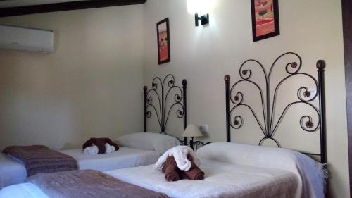 - 2 lits dans une chambre d'hôtel avec des chiens dans l'établissement Casa rural Alojamiento Garganton, à Cabrita