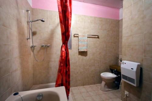 a bathroom with a shower and a red shower curtain at Euroville 70 in Germignaga