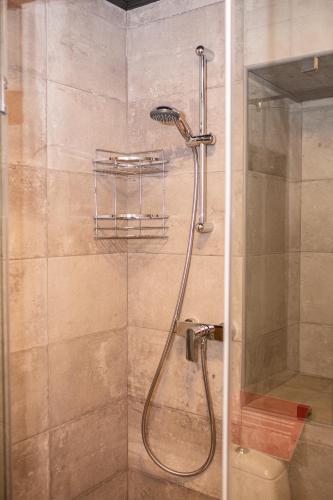 a shower with a shower head in a bathroom at Vysoka Khata2 in Lviv