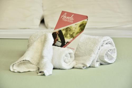 sterta ręczników z książką na górze w obiekcie Aanola Villas 6b Tranquil Privy Boudoir w mieście Charlotte
