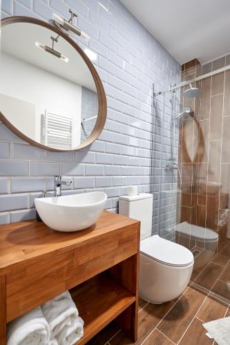 a bathroom with a sink and a toilet and a mirror at La Antigua in Vişeu de Sus