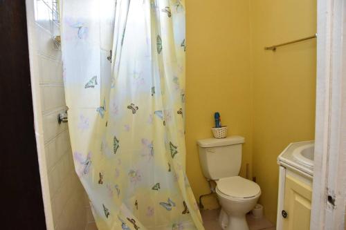 a bathroom with a toilet and a shower curtain with butterflies at Aanola Villas A5 Hushed Hacienda in Charlotte