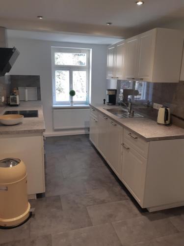 a large kitchen with white cabinets and a window at Haus Moritzburg in Bad Schandau