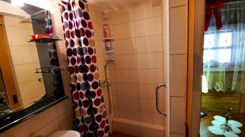 a bathroom with a shower with a curtain with polka dots at Etno selo EDEN in Žeravački Potok