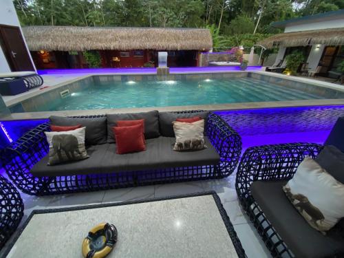 a swimming pool with a couch in front of it at Liberdada Villa SURINAME in Wanica