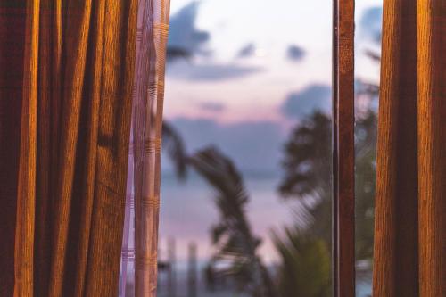 a view of a palm tree through a window at Endheri Sunset Dhangethi in Dhangethi