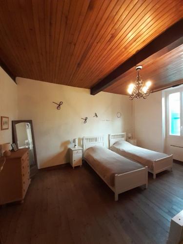 - une grande chambre avec 2 lits et un plafond en bois dans l'établissement Maison au village du livre, à Montolieu