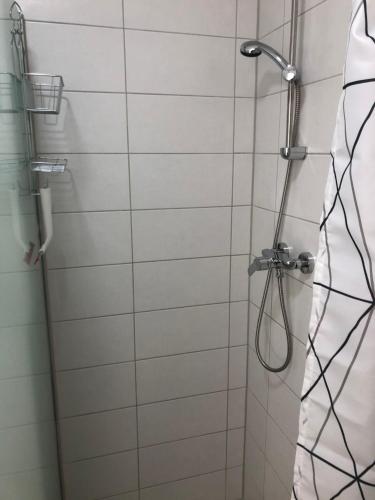 La salle de bains est pourvue d'une douche avec rideau de douche. dans l'établissement Apartment in EG Schaupenstiel, à Northeim
