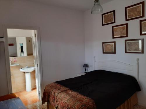 1 dormitorio con 1 cama y baño con lavamanos en Apartamentos Mayte, en El Palmar