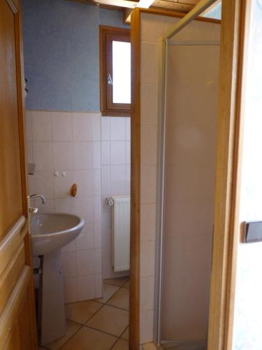 a small bathroom with a sink and a shower at Chalet Analma in Planay