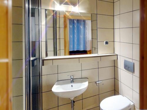 a bathroom with a sink and a toilet and a mirror at Ośrodek Wczasowy Zielona Gospoda in Przesieka