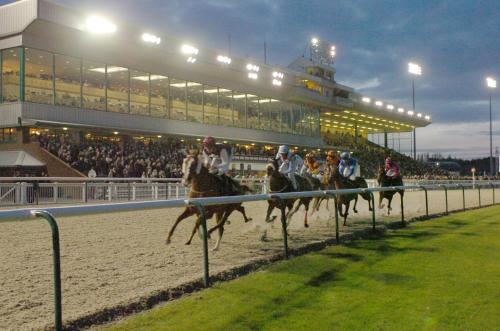 a group of jockeys riding horses on a race track at Holiday Inn Wolverhampton - Racecourse, an IHG Hotel in Wolverhampton
