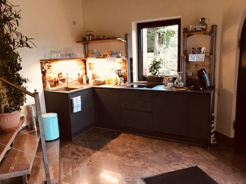 a large kitchen with a sink and a window at 3 Zimmer Loft mit Sauna & Garten in Ortenberg in Ortenberg