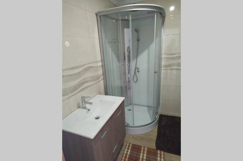 a bathroom with a shower and a sink and a shower at Casa da quintinha - Turismo rural in Arcos de Valdevez