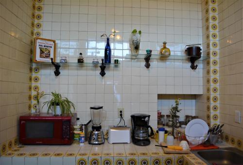 a kitchen with a counter with a microwave and a sink at CASA MARFIL in Lagos de Moreno