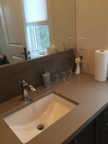 a bathroom counter with a sink and a mirror at Comfortable private space in Pickering
