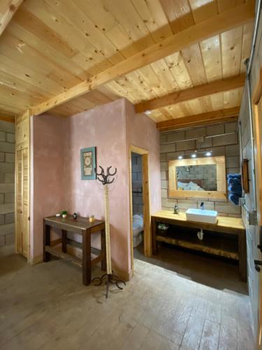 ein großes Bad mit einem Waschbecken und einer Badewanne in der Unterkunft Cabaña San Tony in Valle de Guadalupe