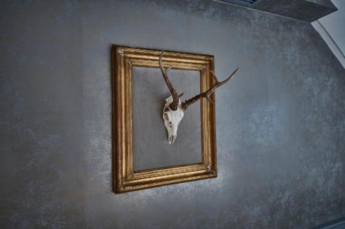 a deer skull in a picture frame on a wall at Landgasthof Mayr in Steyr