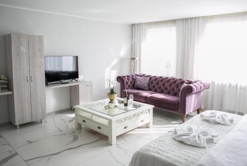 a living room with a purple couch and a tv at Hotel Greys Polonia in Zasutowo