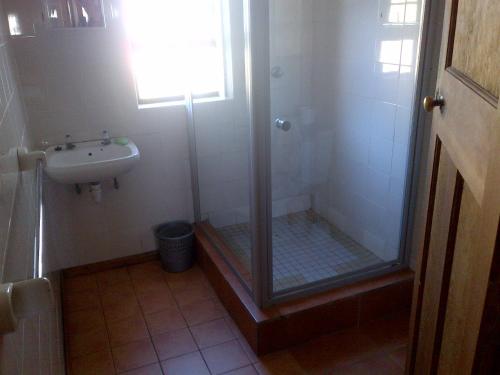 y baño con ducha y lavamanos. en Gansbaai Lodge & Backpackers en Gansbaai