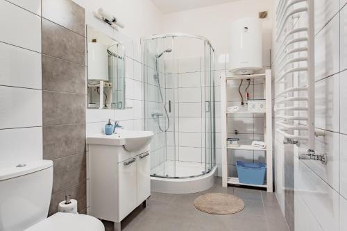 a bathroom with a shower and a toilet and a sink at Apartamenty Krakowskie 36 Lublin - Single One in Lublin