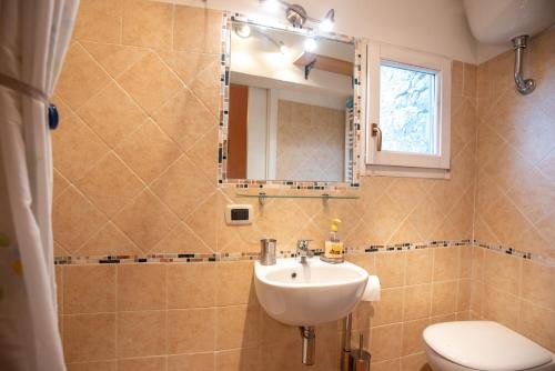 La salle de bains est pourvue d'un lavabo, de toilettes et d'un miroir. dans l'établissement Relax nell' Antico Borgo, à Casperia
