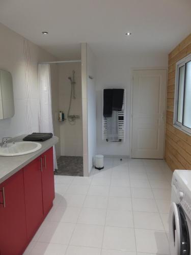 une salle de bain blanche avec un lavabo et une douche dans l'établissement Le Gîte des Rioux,**** au cœur des Volcans d'Auvergne, à Ceyssat