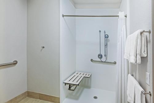 a bathroom with a shower with a bench in it at Holiday Inn Express Hotel & Suites Dallas Lewisville, an IHG Hotel in Lewisville