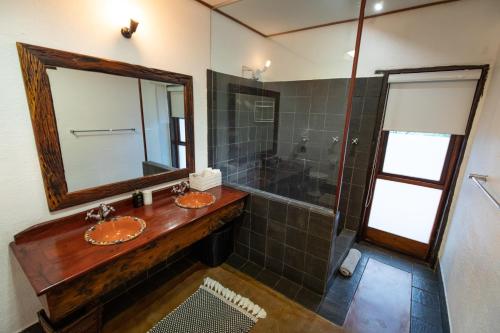 y baño con lavabo, espejo y ducha. en Kingly Bush Villa en Phalaborwa