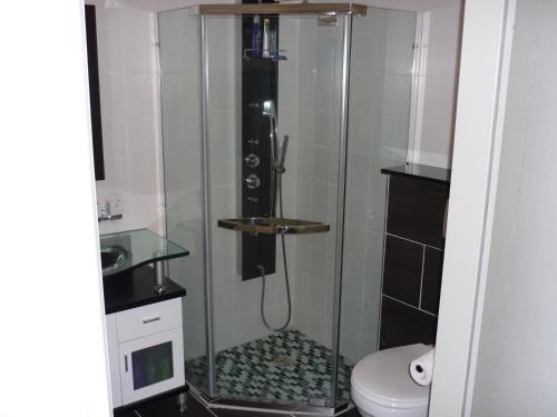 y baño con ducha y puerta de cristal. en Ferienwohnung Braunlage, en Braunlage