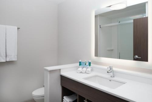 a bathroom with a sink and a mirror and a toilet at Holiday Inn Express & Suites Kingdom City, an IHG Hotel in Kingdom City