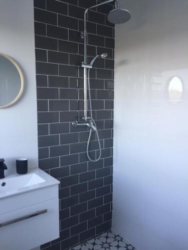 a bathroom with a shower with a black tile wall at Carrick-on-Shannon Guest House in Carrick on Shannon