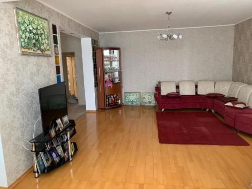 een woonkamer met een rode bank en een televisie bij Bright room near International Exhibition Centre in Kiev